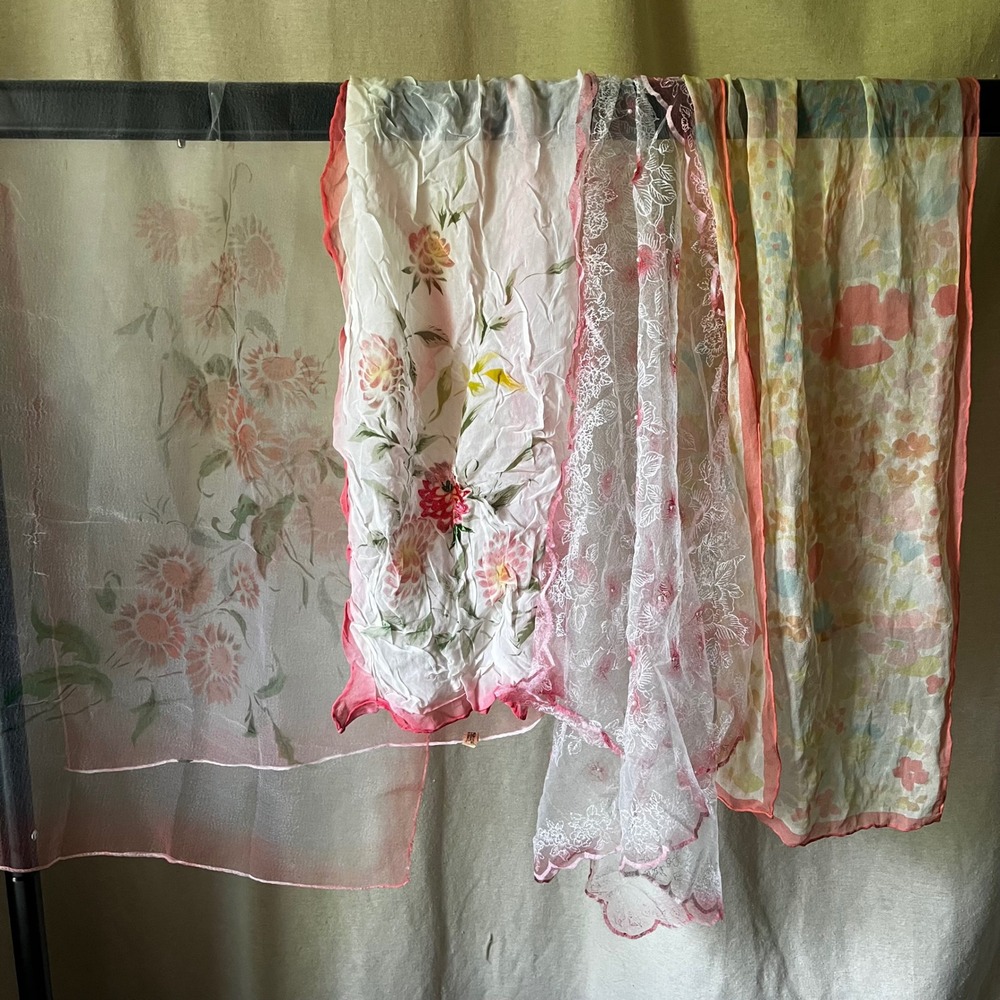 Vintage Sheer Floral‎ Scarf Bundle Lot Cottagecore Pink Lace 4 Pc